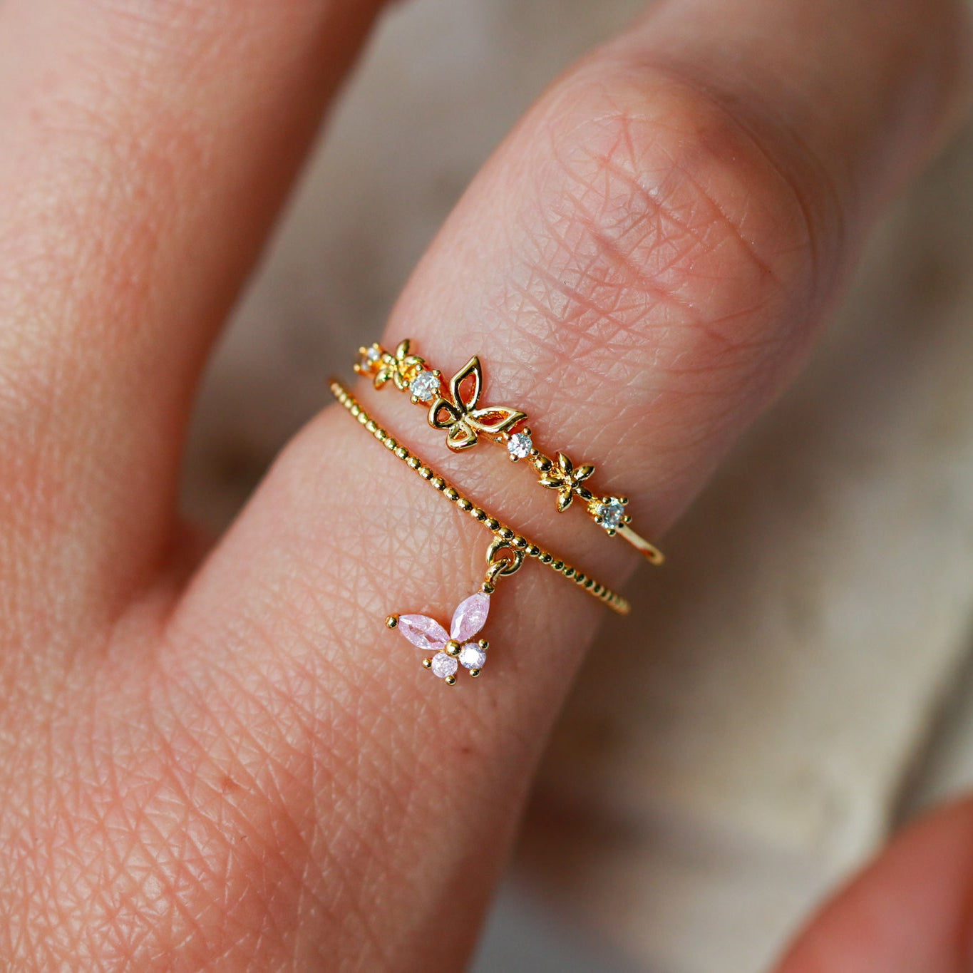 Pink Dangling Butterfly Ring