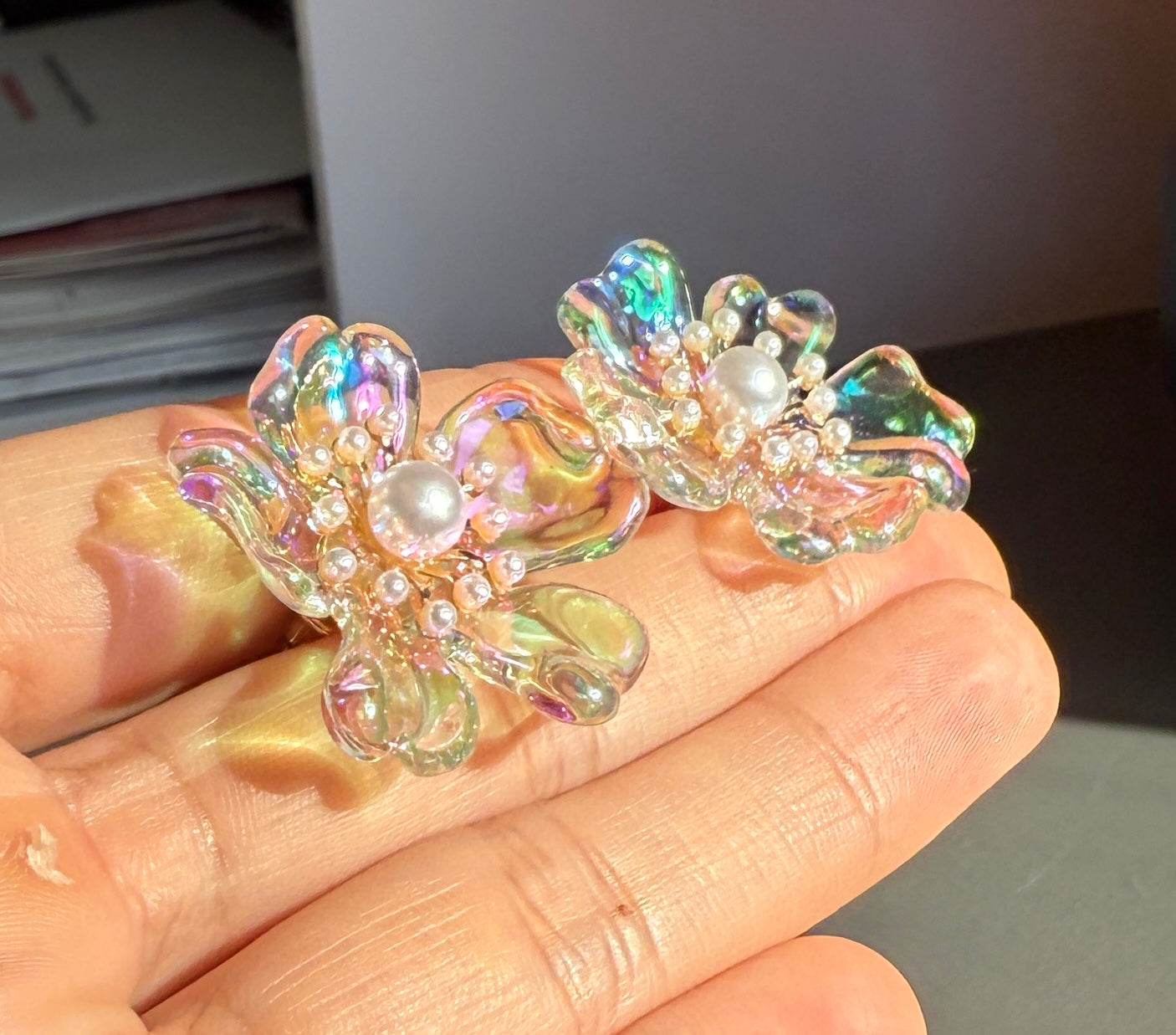 Iridescent Crystal Flower Earrings