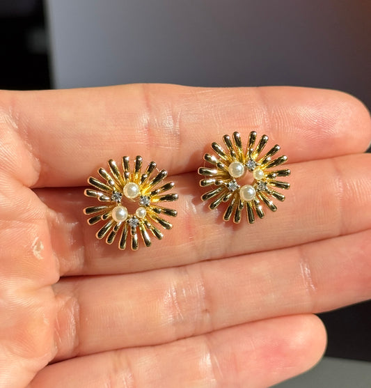 Gold Sunburst Pearl Earrings