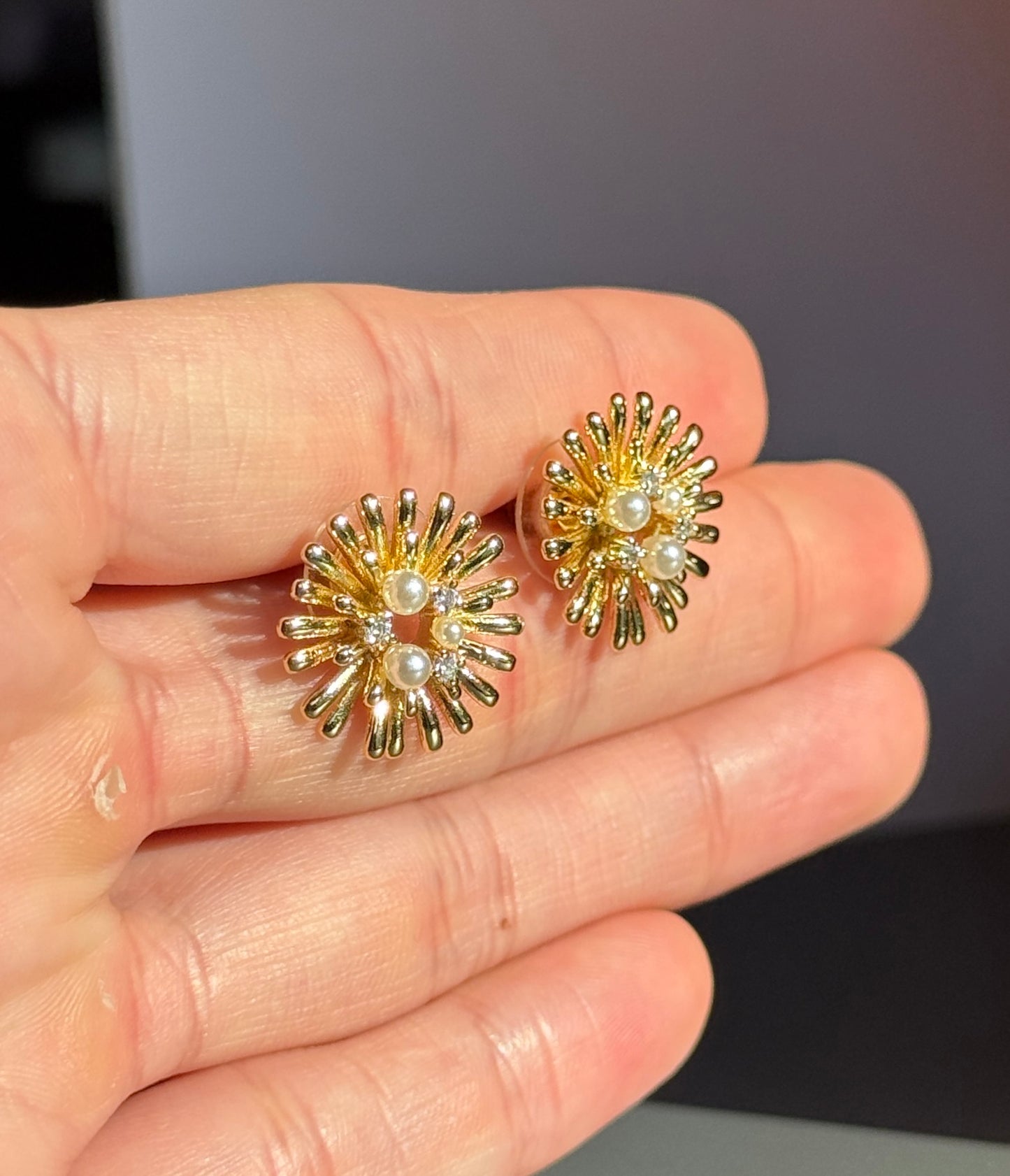 Gold Sunburst Pearl Earrings