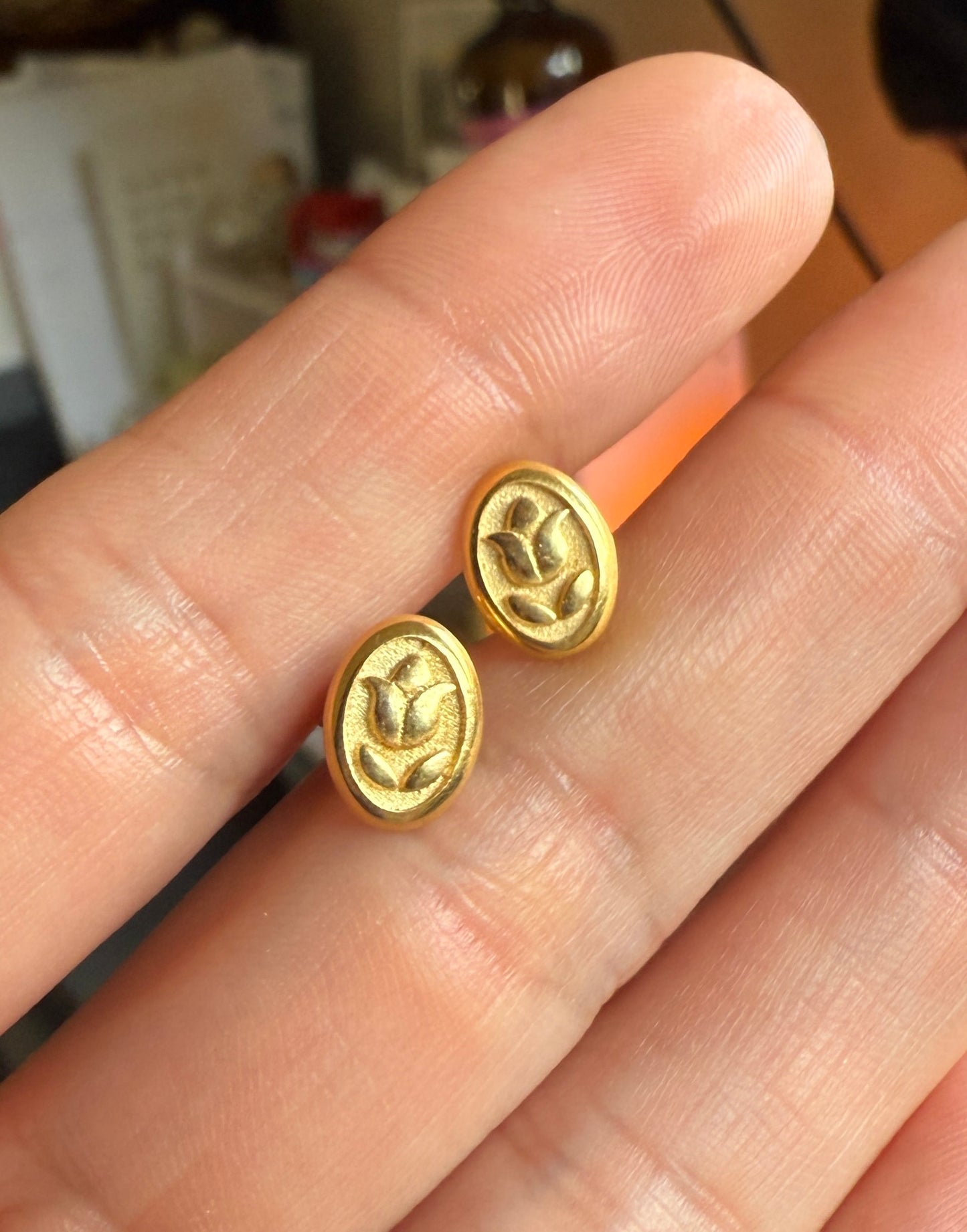 Gold Floral Oval Stud Earrings